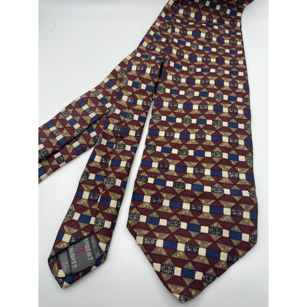 Robert Talbott Silk Tie Geometric Mosaic Burgundy Navy Gold Hand Sewn USA